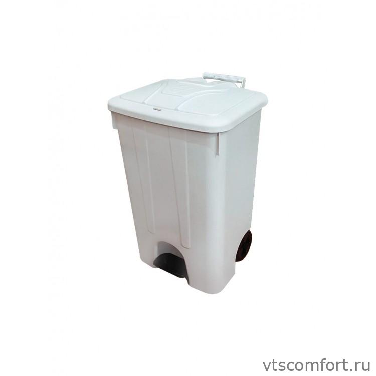Фото Мусорный бак Telkar пластиковый с крышкой и педалью на колесах 85 литров белый арт. 50039 Изображение Мусорный бак Telkar пластиковый с крышкой и педалью на колесах 85 литров белый арт. 50039