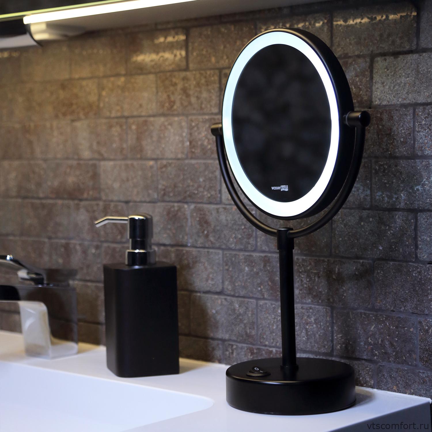 Фото WasserKraft K-1005BLACK Зеркало с LED-подсветкой двухстороннее с 3-кратным увеличением Изображение WasserKraft K-1005BLACK Зеркало с LED-подсветкой двухстороннее с 3-кратным увеличением